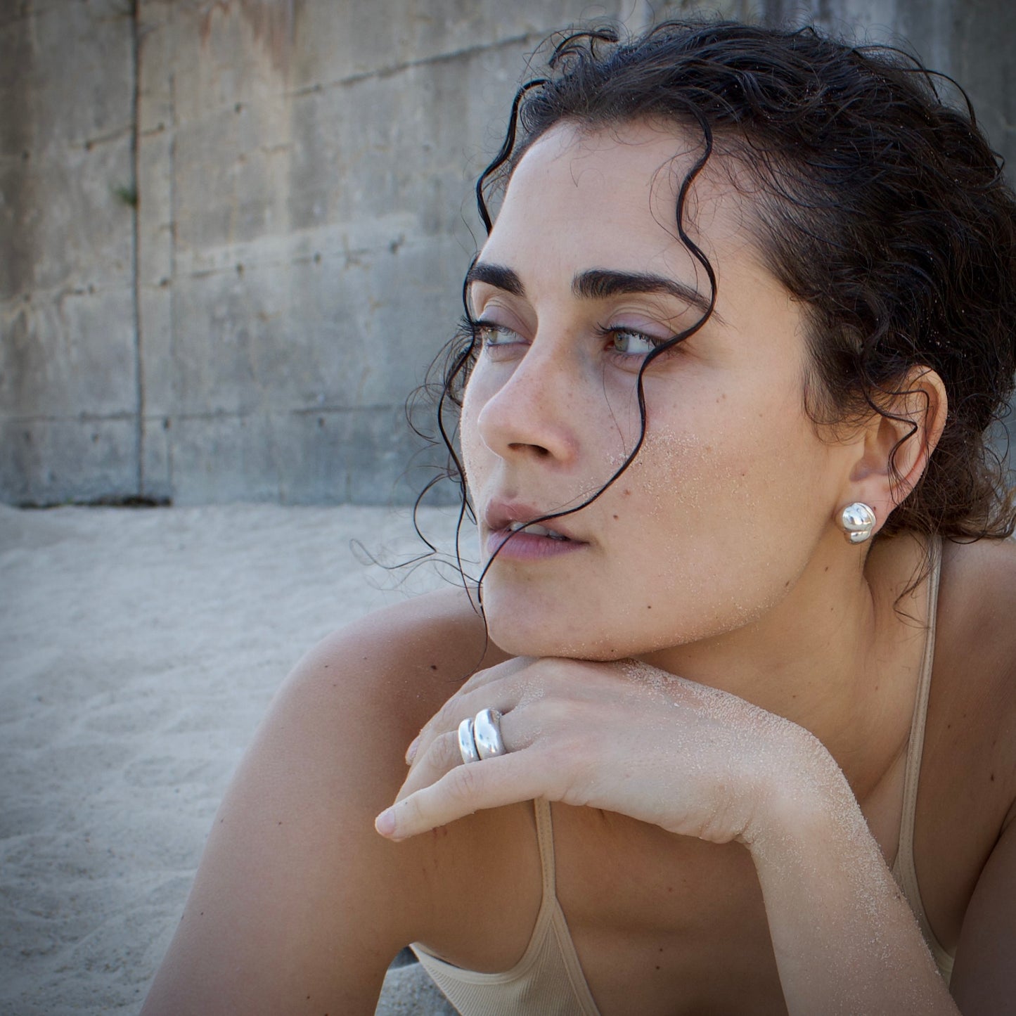 camille earring, sterling silver, silver earrings, 925 sterling silver, seola atelier, on model
