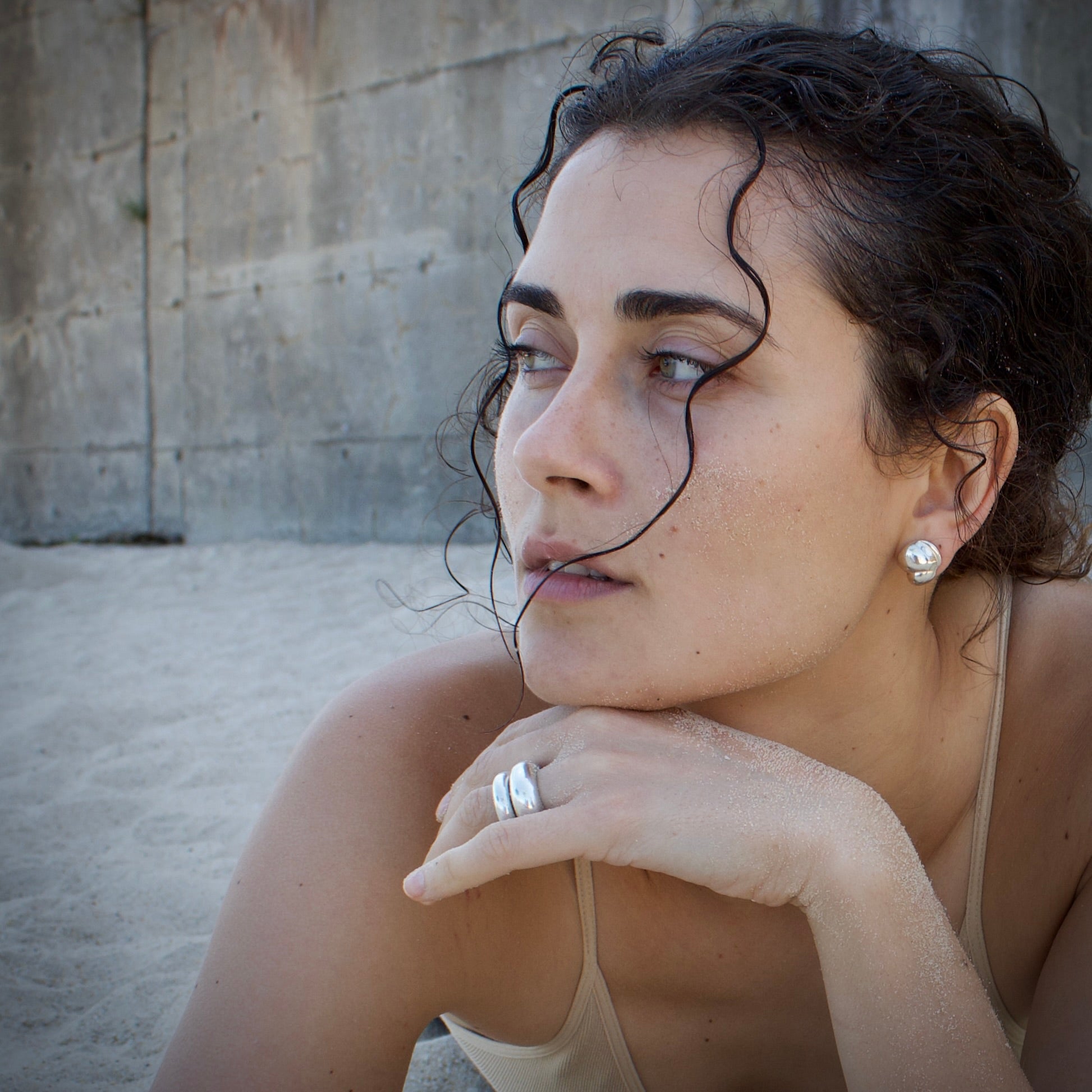 camille earring, sterling silver, silver earrings, 925 sterling silver, seola atelier, on model